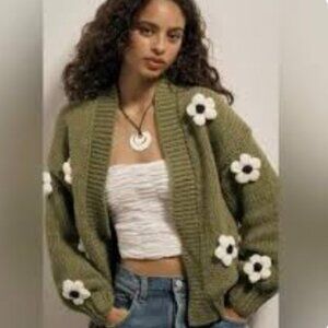 Anthropologie Green Floral Cardigan